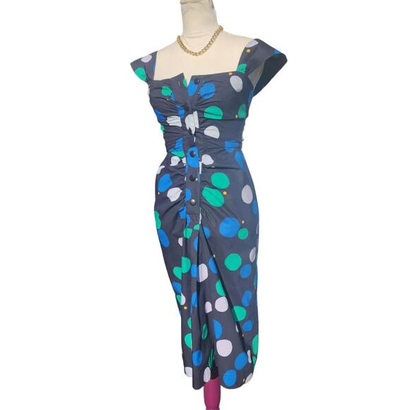 Yves Saint Laurent. Vintage, 80s Polka Dot Midi Sheath Dress w/ Scarf. 36/4 - Picture 1 of 9